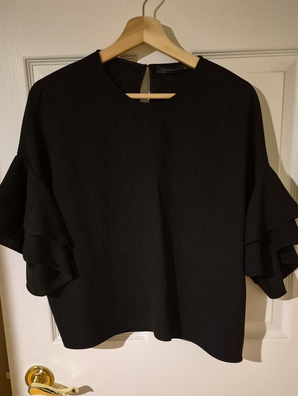 ZARA Minimalist Black Round Neck Statement Ruffle Blouse - L